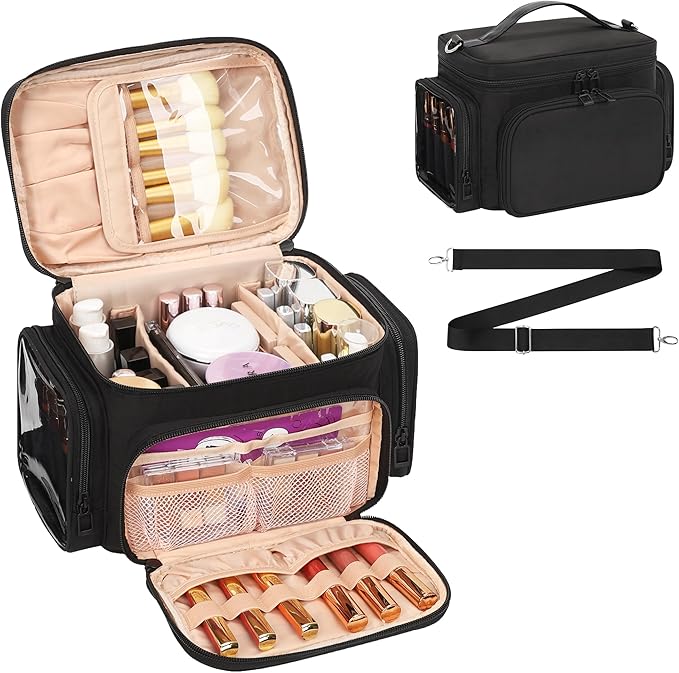 Bagmoly Makeup Bag, Portable Large Travel Makeup Bag Organizer for Women Girls with Makeup Brush Compartment, Cosmetic Travel Bag Vertical Storage Toiletry Bag - Black with Shoulder Strap