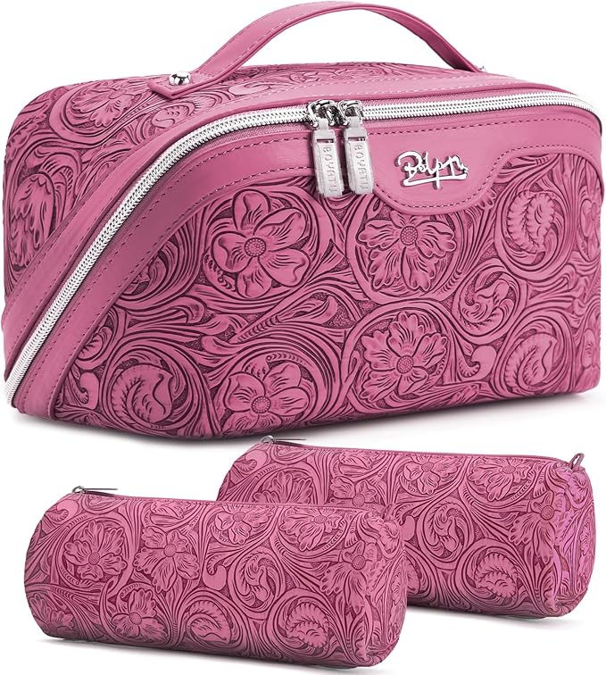 BOYATU Travel Makeup Bags Cosmetic Organizer Bag: 3 Pcs Set Large Capacity Floral Make up Bag with Compartments - Waterproof Leather Toiletry Bags with Handle for Women (20-Red)