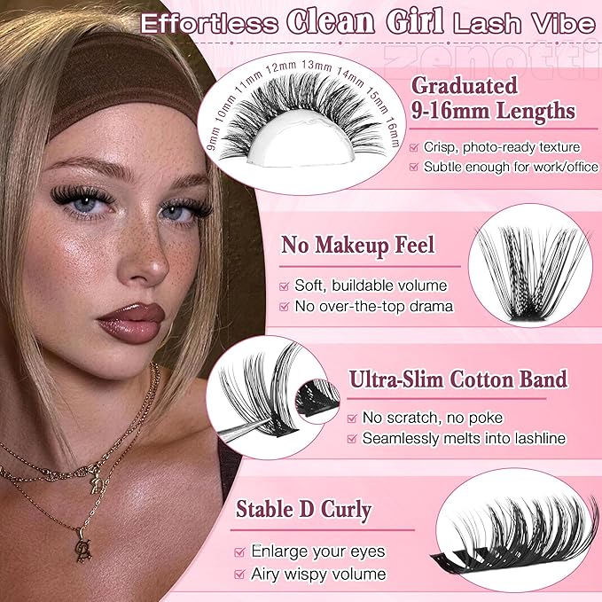 Lash Clusters Kit, 640PCS Natural Eyelash Clusters Kit 30D 40D 50D 60D Wispy Cluster Eyelash Extensions 9-16mm Daily Look Individual Lashes Soft Band with Lash Bond & Seal Tweezers Brush by zenotti