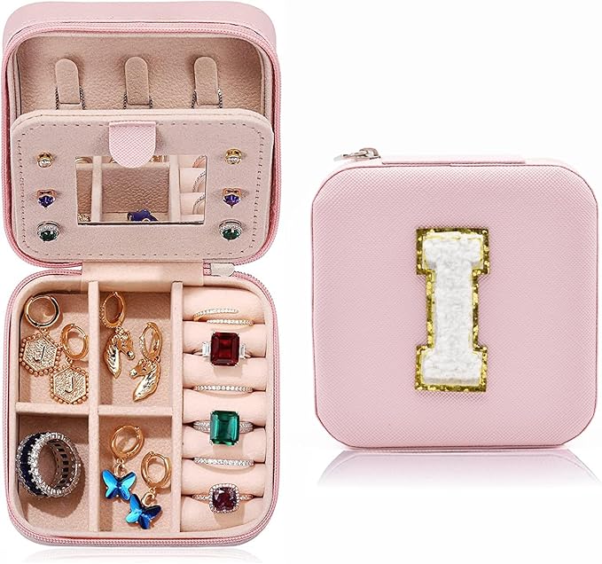 MODENGKONGJIAN Travel Jewelry Case for Women Fashion, Ring Necklace Earring Jewelry Holder Organizer Box, Small Portable Jewellery Storage, Christmas Gifts Initial I