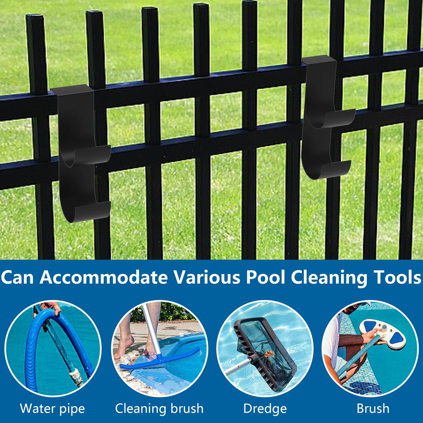 codree 4 Pcs Pool Fence Hooks for Pool Equipment, Black Heavy Duty Fence Hooks for Pool Poles, Slipe-on Fences Hanger for Pools Hose Pools Skimmer, Fit 3/4 Inch to 1-1/4 inch Railing