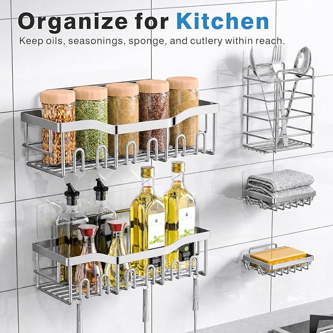 EUDELE 5-Pack Rustproof Stainless Steel Shower Caddy Ã¢ÂÂ No Drill Adhesive Bathroom Organizer with Large Capacity, Spacious Shower Shelves for Inside Shower, Kitchen & Home Decor Storage-XL Size