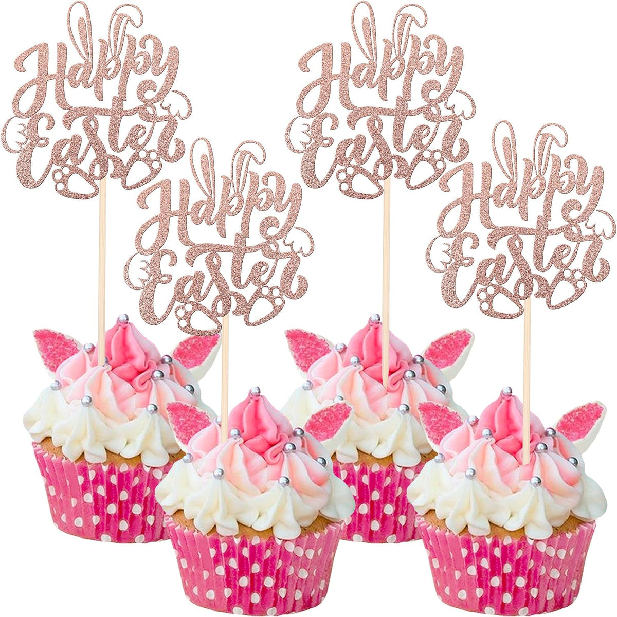 24 Pack Happy Easter Cupcake Toppers with Gold Glitter Rabbit Ear Cupcake Food Picks Bunny Paw Cake Decorations for Happy Easter Themed Baby Shower Kids Birthday Party Supplies Rose Gold