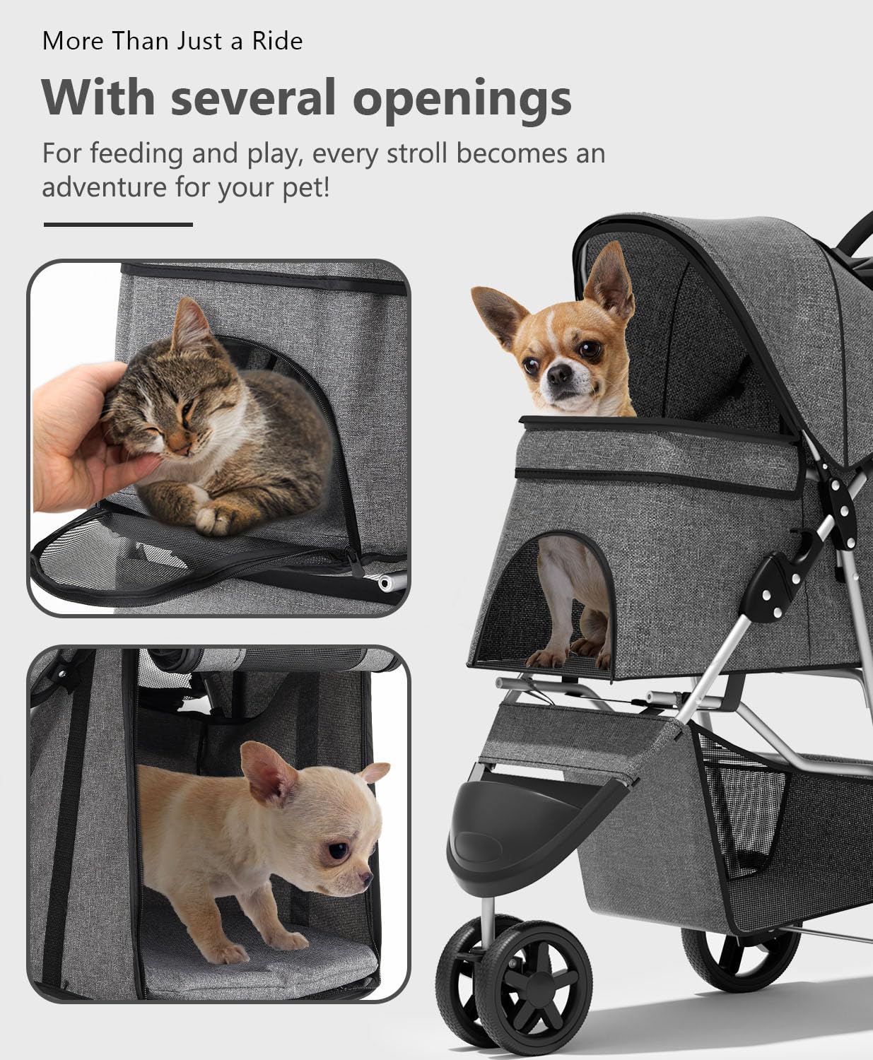 OS MOTOR Pet Stroller with 3 Wheels for Small/Medium Pets, Portable Travel Foldable Carrier Jogger for Dog Cat Puppy Kitty, Rear Wheel Breaks, Storage Basket, Visible Mesh with Weather Cover (Gray)