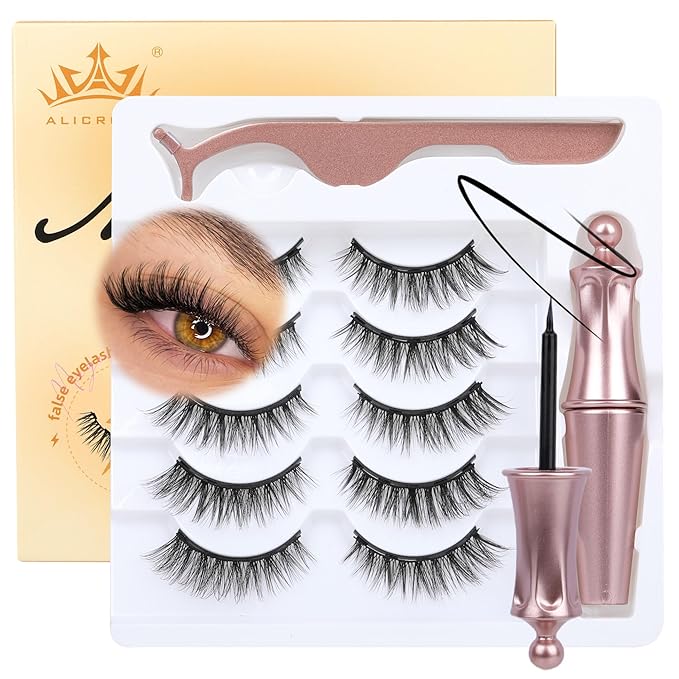 Magnetic Eyelashes with Eyeliner Cat Eye Natural Magnetic Lashes with Applicator No Glue Needed Wispy Magnet Lash 5 Pairs Strip Lashes with Magnet Eyeliner