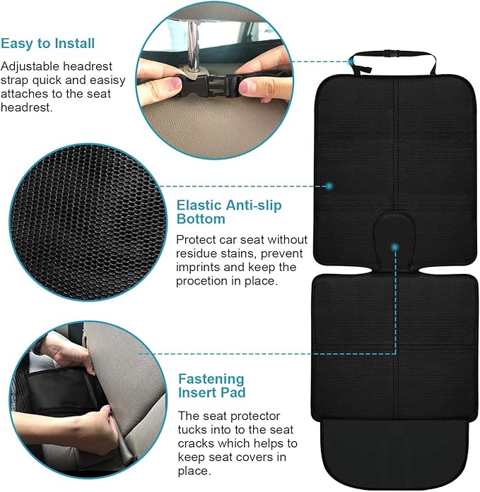 Car Seat Protector, 2 Pack Carseat Protector with Thick Padding, Baby/Pets for Child Car Seat-Mesh Pockets-Waterproof-Universal Size(Black)