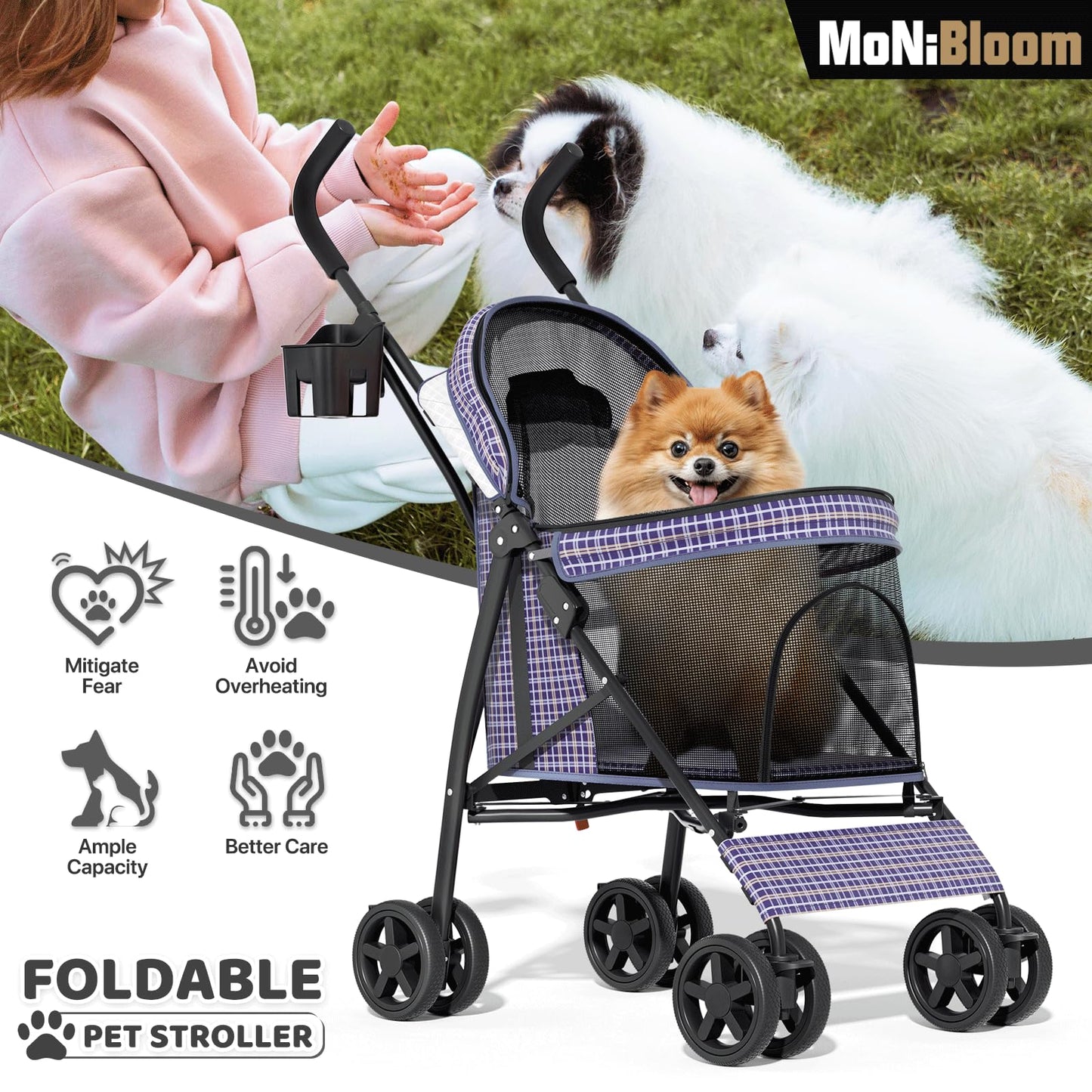 MoNiBloom 4 Wheels Pet Stroller, Easy-Fold Umbrella Shaped Dog Cat Jogger Stroller w/Storage Bag & Visible Mesh for Small/Medium Dogs Cats Plaid