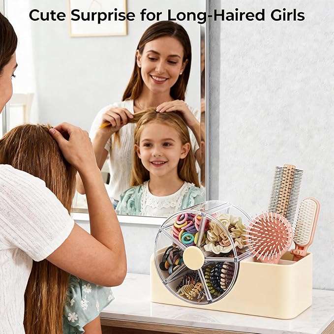 Hair Accessories Organizer for Girls, 2-Slot Hair Brush Holder & 5-Section Rotating Wheel, Cute Makeup Brush Holder for Hair Tile, Clip, Makeup Brush, Earring, Ring, Kids Vanity Accessories (Cream)
