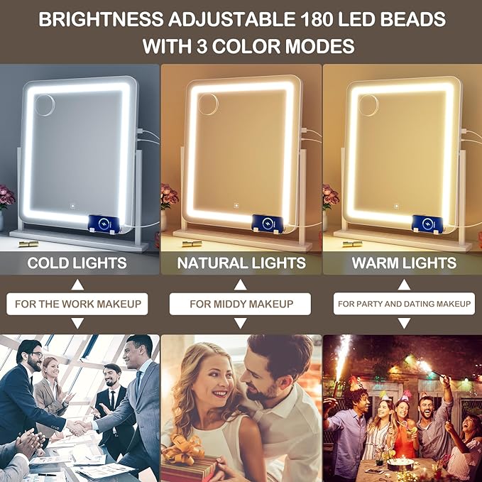 Vanity Mirror with Lights, 17.3’’ LED Makeup Mirror Detachable 10X Magnification, Smart Touch Control, 3 Color Lighting Modes,360°Rotation Tabletop Make Up Mirror for Bedroom Bathroom