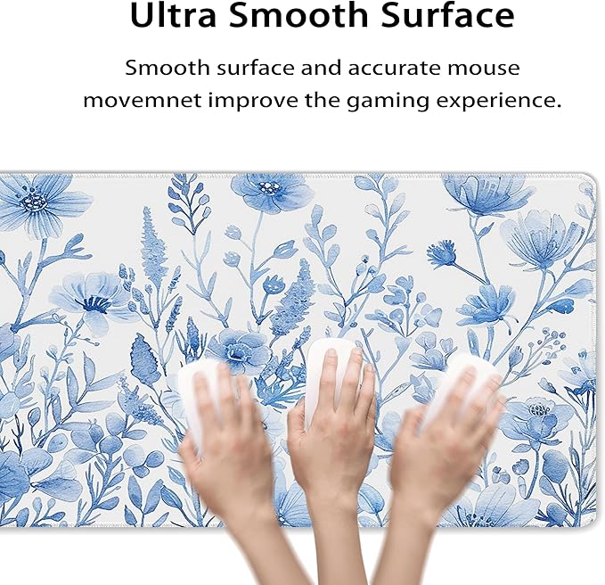 31.5?€?x11.8?€?Large Gaming Mouse Pad for Desk, Mouse Mat with Seamed Edges, Waterproof Desk Pad, Non-Slip Rubber Base, Keyboard Pad Computer Mat, Big XL Mousepad- Blue and White Flower