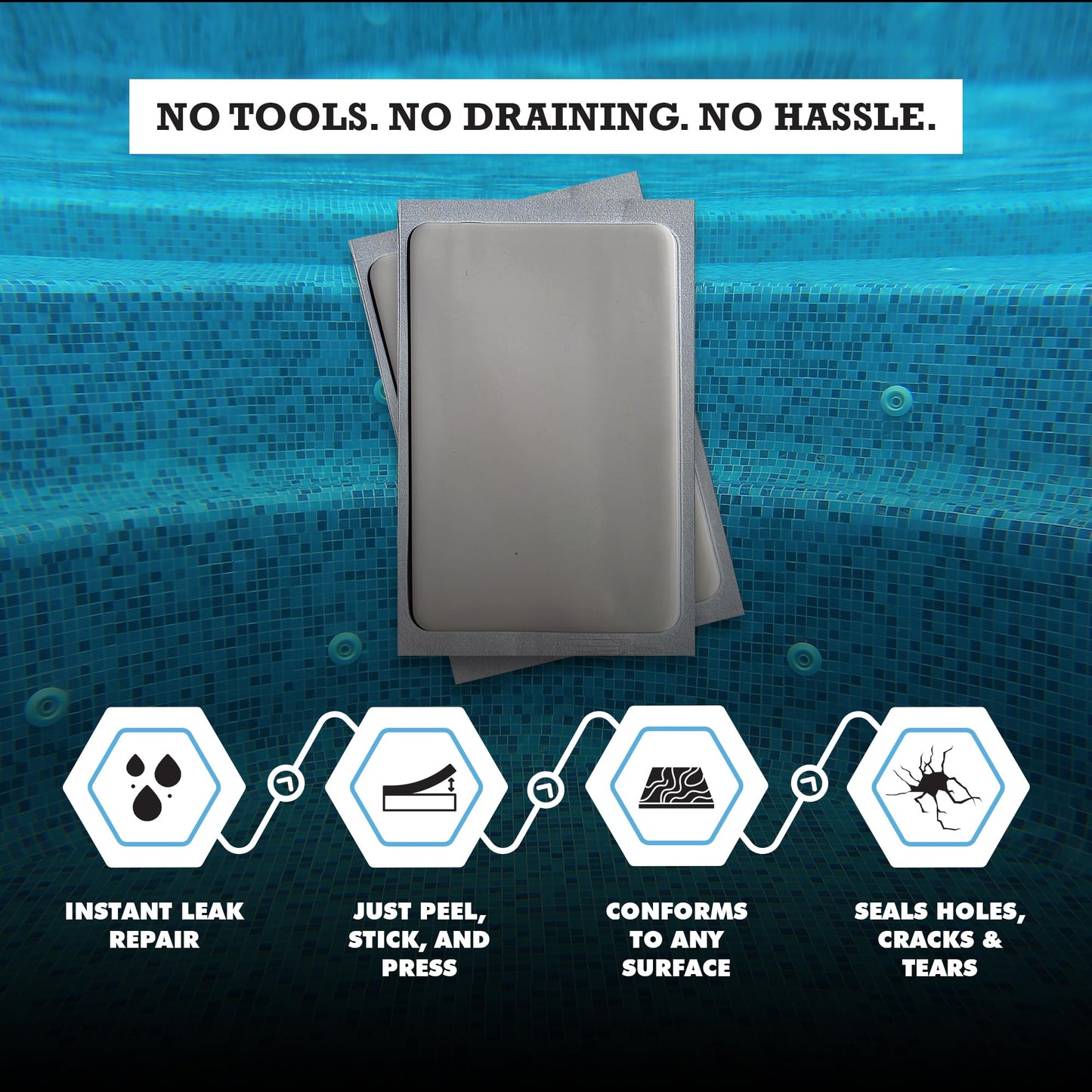 Burro Adhesives 10-Pack Waterproof White Pool Patches - Professional Grade PVC Repair Kit with 2.75" x 4" Heavy Duty Patches for Commercial & Residential Vinyl Liner Pools, Works Underwater & Dry