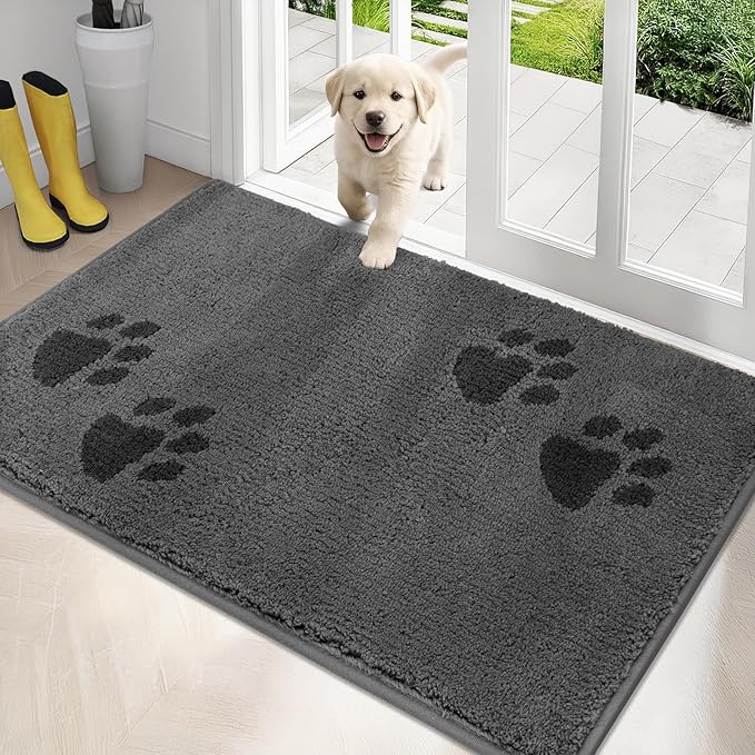 PURRUGS Dirt Trapping Door Mat 34" x 59", Non-Skid/Slip Machine Washable Microfiber Entrance Rug, Shoes Scraper, Dog Doormat, Super Absorbent Floor Mat for Muddy Wet Shoes and Paws, Grey