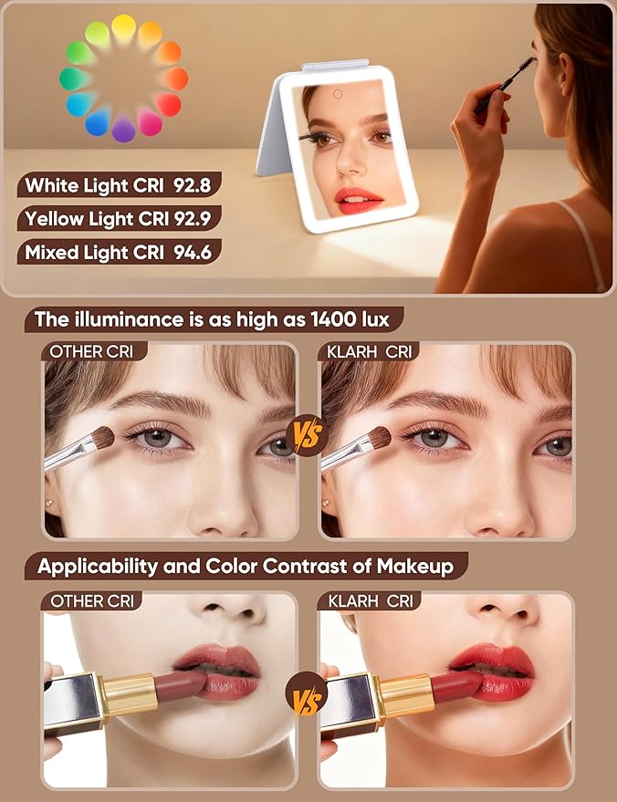 1X/10X Magnifying Makeup Mirror with 3 Colored Lights and Touch Control, 2700mAh Rechargeable LED Vanity Mirror for Home, Bathroom and Travel (Pearl White, with LED Lights)