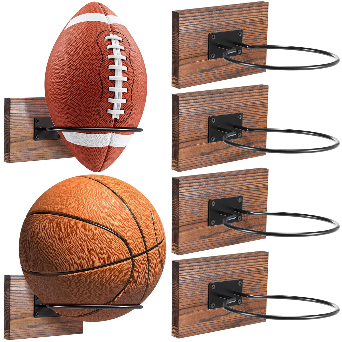 Threan 6 Pcs Ball Holder Wall Mount Ball Stand Display Storage with Wooden Base for Basketball Football Soccer Volleyball, Sports Accessories Organizer for Player Fans