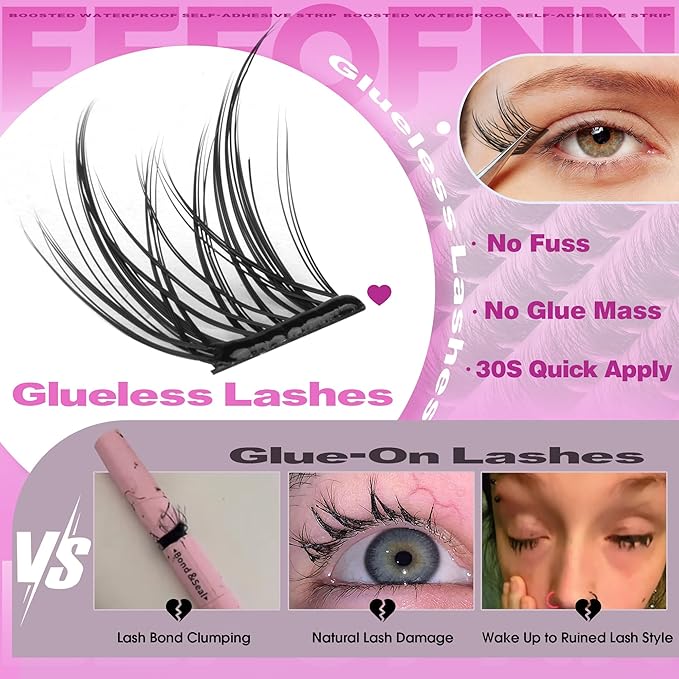 EEFOFNN Self Adhesive Eyelashes Natural Self Adhesive Lash Clusters Wispy Press on Lashes 10-16mm Pre Glued Eyelash Clusters Glueless Individual Lashes No Glue Cluster Eyelash Extensions (No Tweezers)