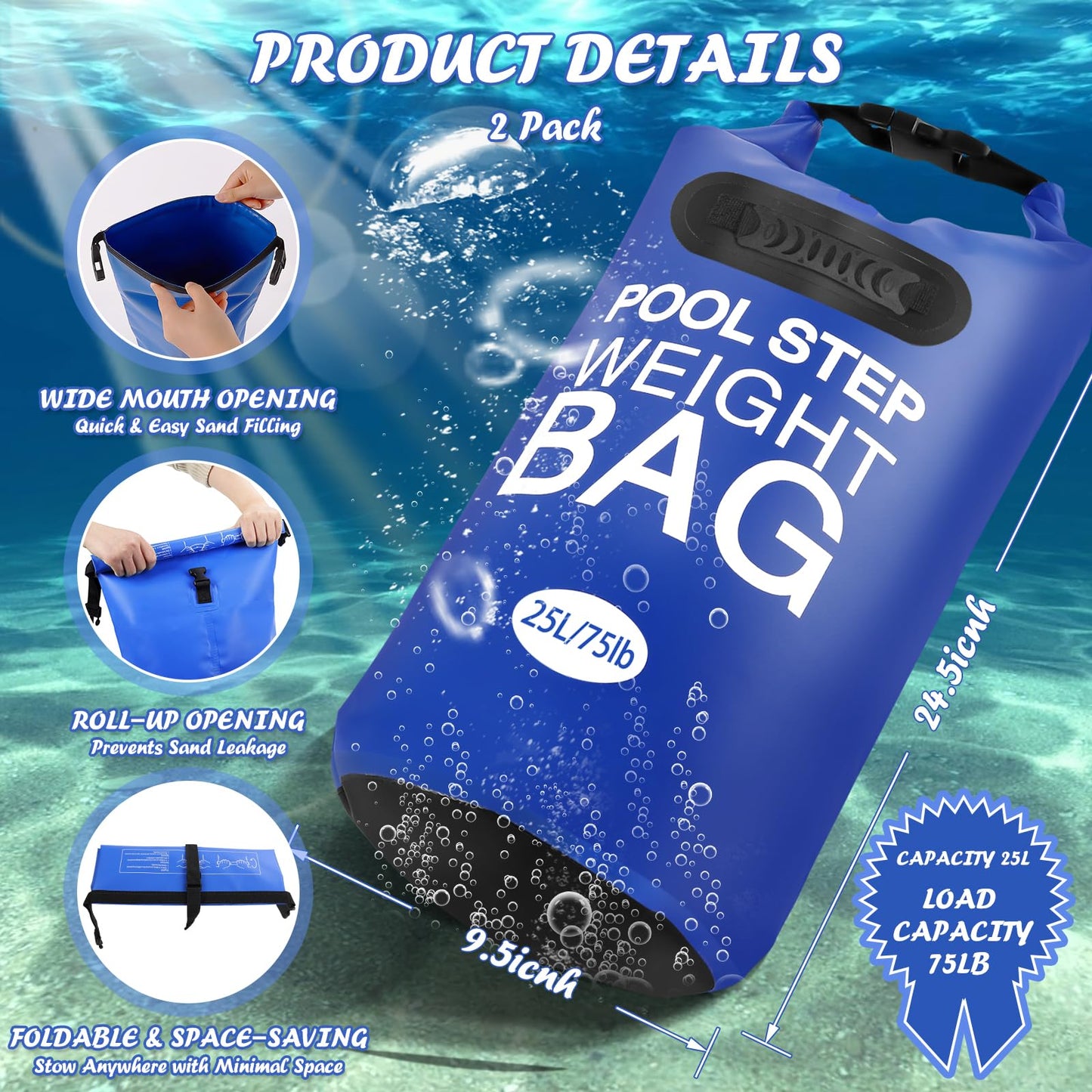 2 Pack 25L/75lb Universal Pool Step Weights 500D PVC Waterproof Swimming Pool Ladder Weights No Breaken Above Ground Pool Ladder Sand Bags, Foldable Pool Stair Weights for Pool Steps(Blue)