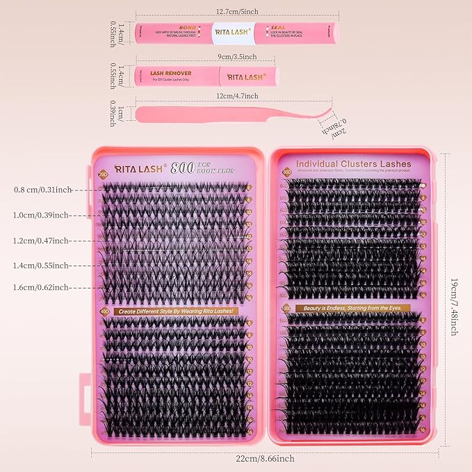 RITALASH Lash Extension Kit DIY Lash Clusters 800pcs Cluster Lashes Individual Lashes Book Set Eyelash Extension Kit with Lash Bond and Seal,Lash Remover,Lash Tweezers(20D+40D+60D+100D Kit,8-16mm)