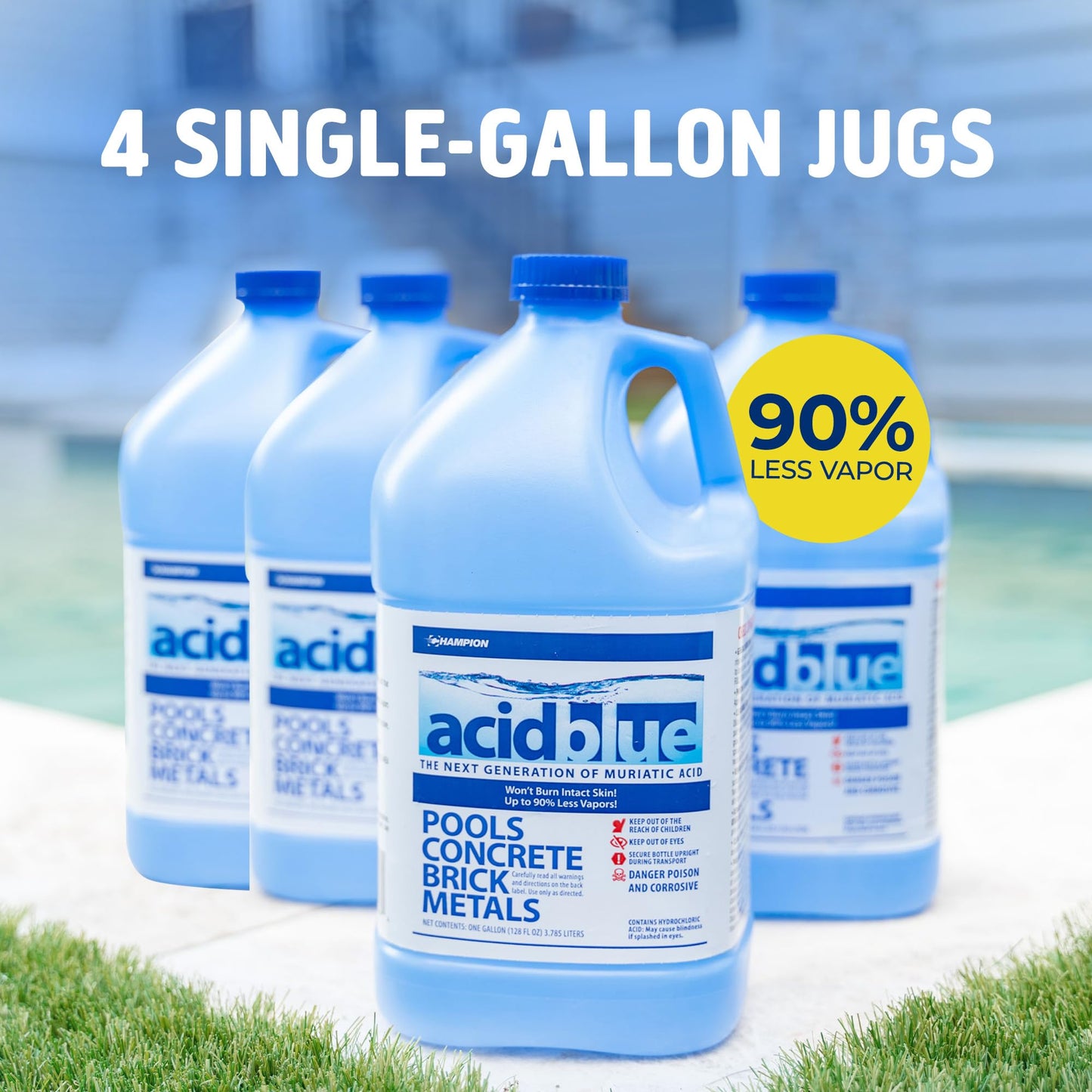 CPDI Champion 4-Pack Acidblue Muriatic Acid for Swimming Pools & Spas, 1 Gallon Each - Low-Fume pH Stabilizer & Cleaner for Concrete & Masonry Surfaces, Clears Rust & Scale Build-Up