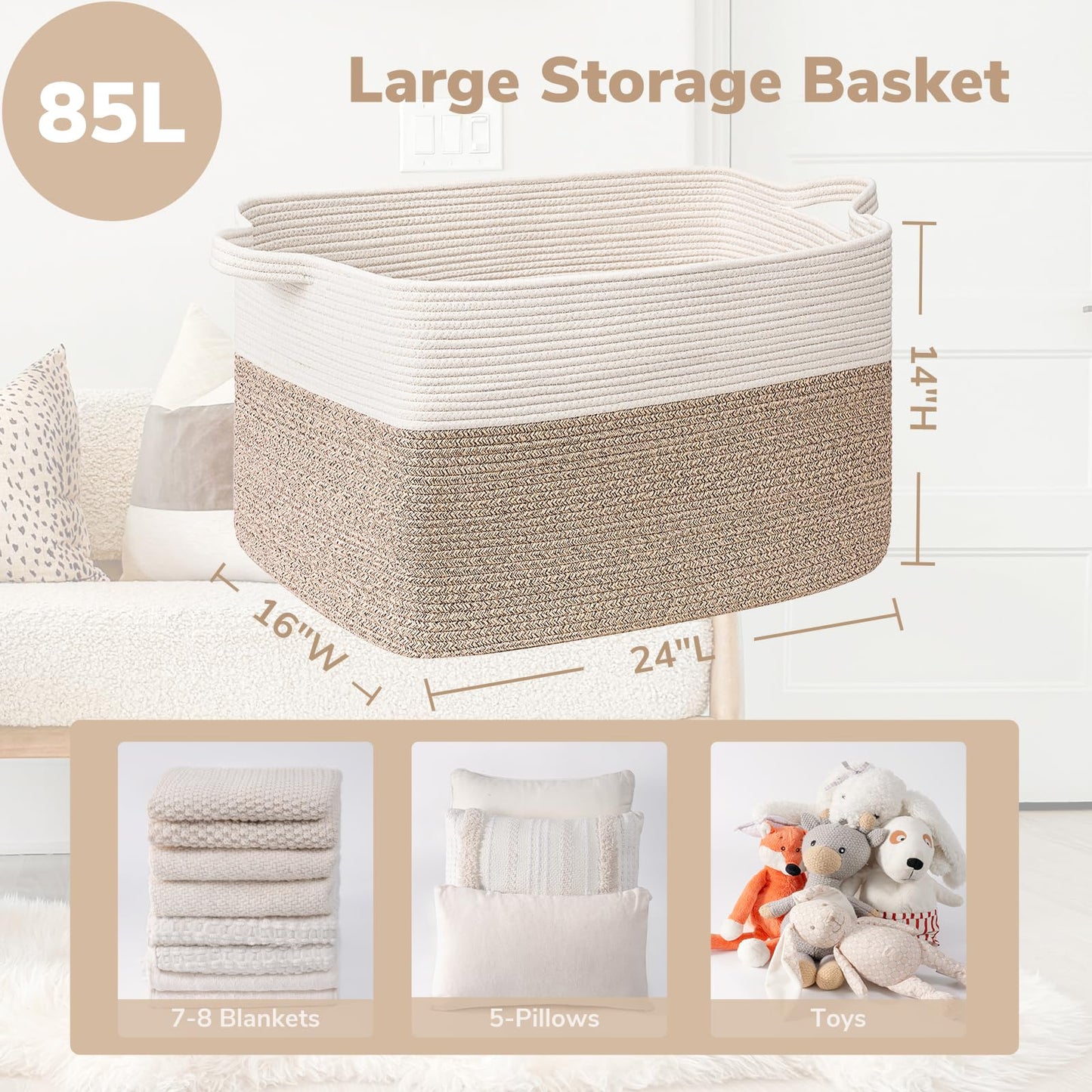 Goodpick Extra Large Woven Blanket Basket, 23.6" x 15.7" x 13.8" Storage Organizer for Blankets, Toys, Dirty Clothes, Rectangle Cotton Rope Basket for Living Room, Nursery, Bedroom