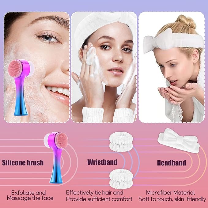 Facial Cleansing Brush 2 in 1Double-Sided Facial Cleaning Brush with Soft Bristles for Deep Pore Exfoliation, Wash Makeup, Massaging (Blue&Purple5PCS)