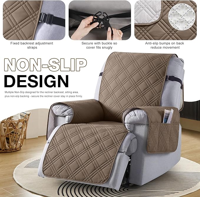 TAOCOCO Waterproof Recliner Chair Covers 30 Inch Wide, Oversized Recliner Covers for Recliner Chair with Pocket, Recliner Slipcovers with Straps Furniture Protector for Kids Pets (30'', Taupe)