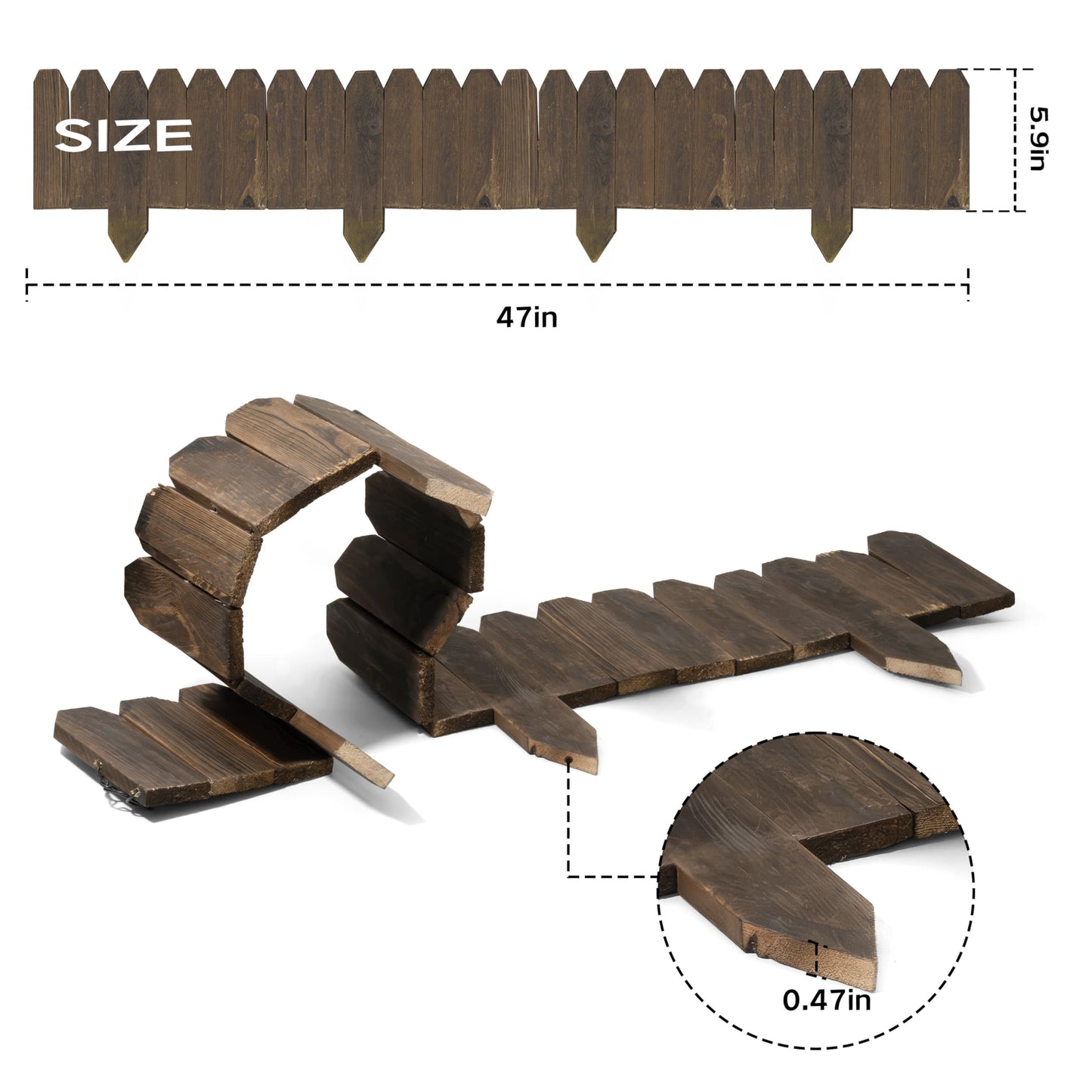 Wood Garden Edging, Wooden Fence Border Decorative Small Picket Panels for Flower Bed Barriers and Landscape Fencing (5.9" H x 47" L, 1 Pack)