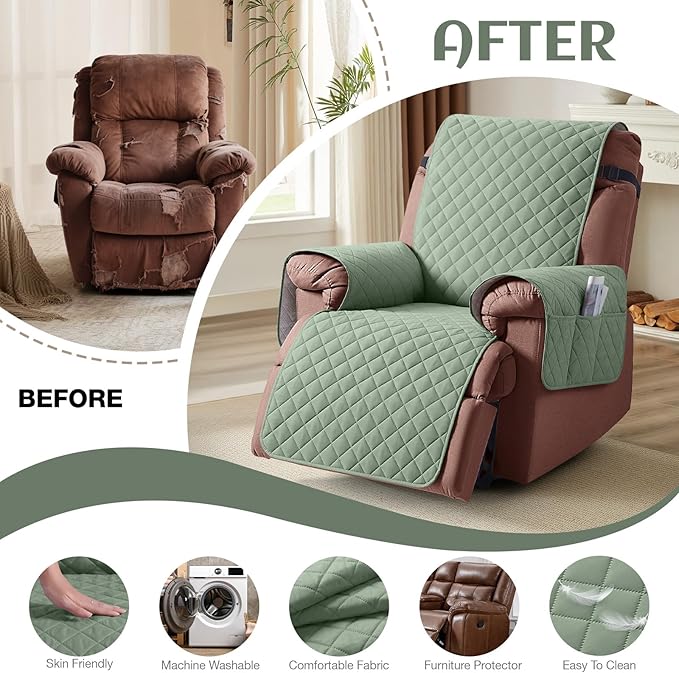 KinCam 100% Waterproof Recliner Chair Cover, Reclining Couch Covers for Pets, Dogs, Recliner Couch Slipcover Furniture Protector with Elastic Straps for Kids(23.6", Sage Green)