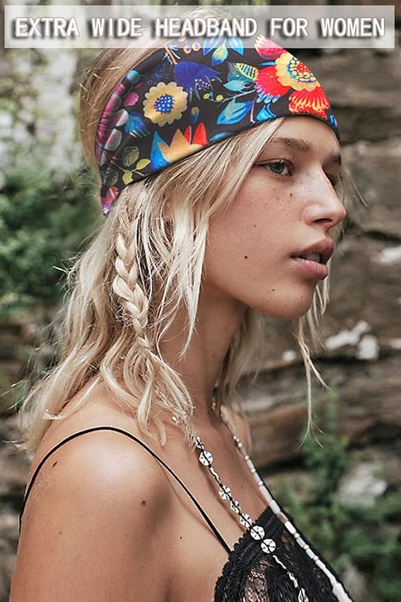Tobeffect Extra Wide Headbands for Women, 7'' Boho Turban Floral Headband Large Hairband Twisted Hair Accessories, 6 pack