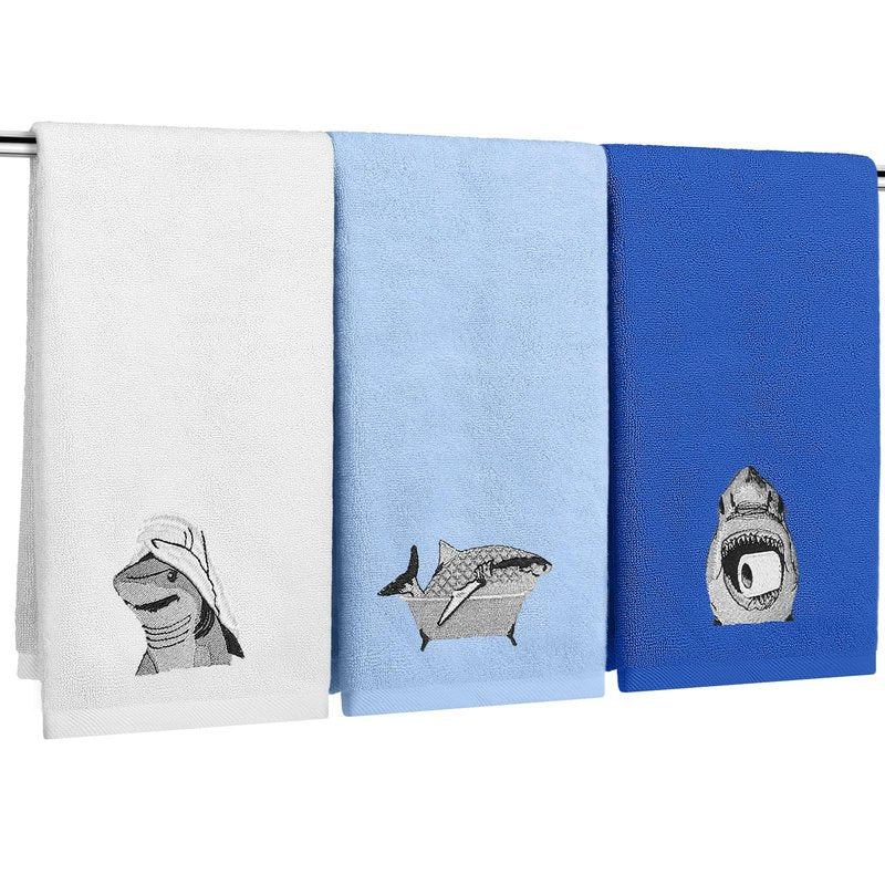 VitalCozy 3 Pcs Embroidered Shark Bathroom Hand Towels Shark Summer Decor 13.4 x 29 Inch Cotton Trendy Sea Beach Animals Bathroom Towels Decor for Funny Sea Lovers Gifts