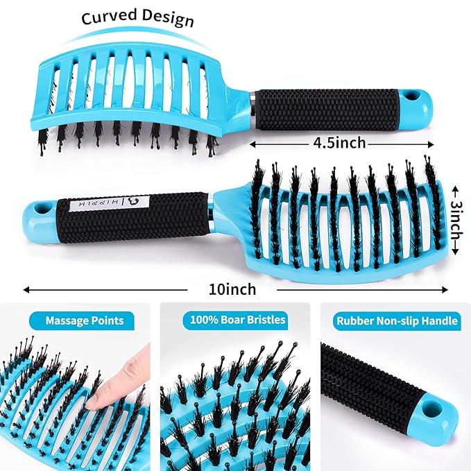 HIPPIH 2 Pack Boar Bristle Hair Brush, Wet & Dry No Pull Curved Vented Hair Brush, Styling Magical Brush Detangler for Kids & Men, Hairbrush for Women Can Adds Shine & Smooth Curly Thick Hair