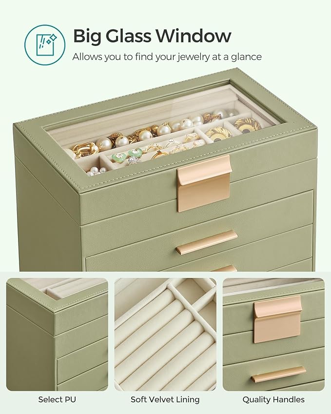 SONGMICS GISELLA Collection - Jewelry Box Organizer, 4-Layer Jewelry Storage with 3 Drawers, Shiny Metal Hardware, Glass Lid, Modern, 6 x 9.9 x 8.5 Inches, Laurel Green and Gold Color UJBC161C02