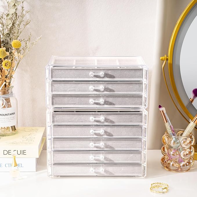 ProCase Earring Holder Organizer Jewelry Box with 8 Drawers, Acrylic Clear Earring Case with Adjustable Velvet Trays for Women - Grey, 8 Layers