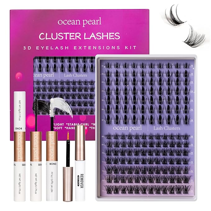 Ocean Pearl Lash Clusters Kit 154pcs 10-18mm manga/anime-inspired lashes clusters,spike-effect cluster lashes,Eyelashes,DIY Cluster Eyelash Extensions kit with lash bond+seal+remover+tweezers-M32+M35