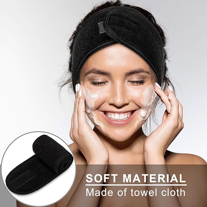 Whaline 3Pcs Spa Facial Headband Make Up Wrap Head Terry Cloth Headband Adjustable Washable Towel for Shower Makeup Face Washing Skincare Facial Treatment Sport Fits (White, Black, Pink)