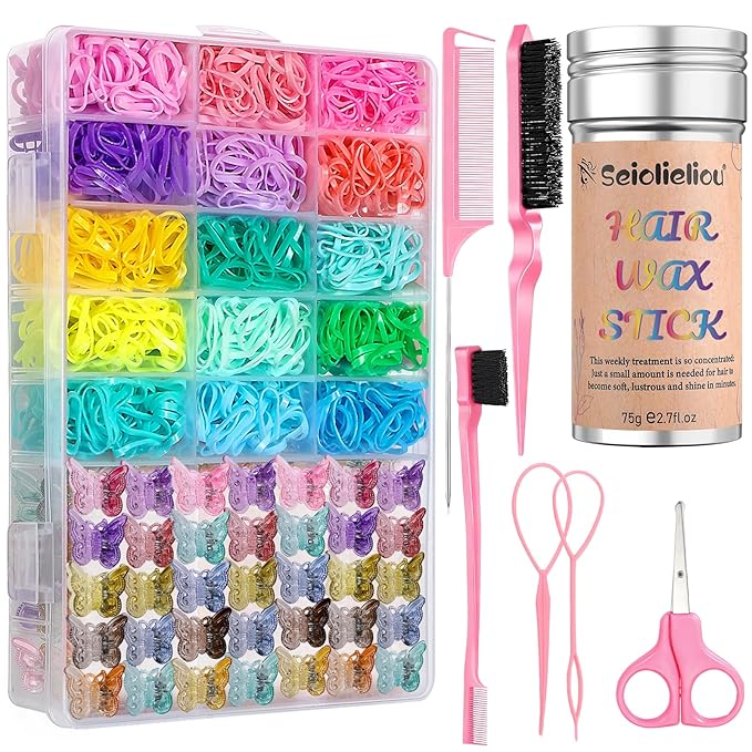Hair Accessories for Girls, 1500P Colorful Hair Elastic Set, 45P Glitter Mini Butterfly Hair Claw Clips, Hair Wax Stick, Sparkly Colorful Hair Accessories for Girls with Hair Comb Set & Organizer Box