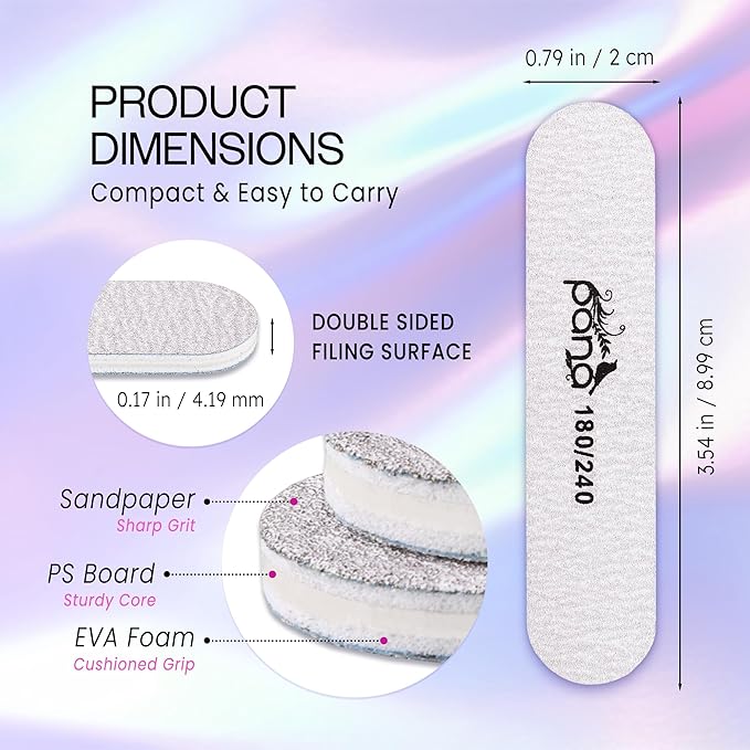 25PCS Mini Size PANA Professional Double Sided Nail Files - Zebra, 180/240 Grit - Emery Board Nail Buffering File Manicure Pedicure Nail Polisher Washable