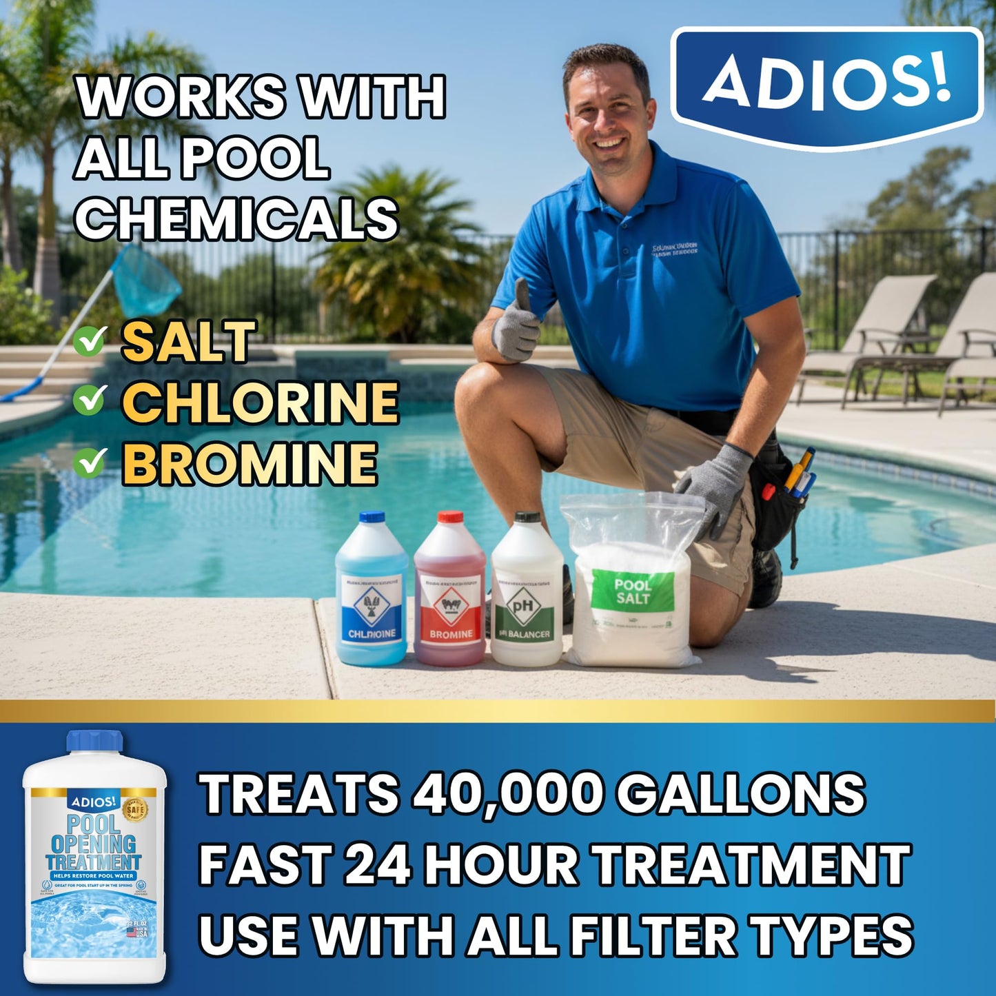 Adios! Pool Opening Treatment - Starter Enzymes for Above Ground Pools and Inground, Treats 40,000 Gallons for Winter Start Up Chemicals - 32oz (Quart)