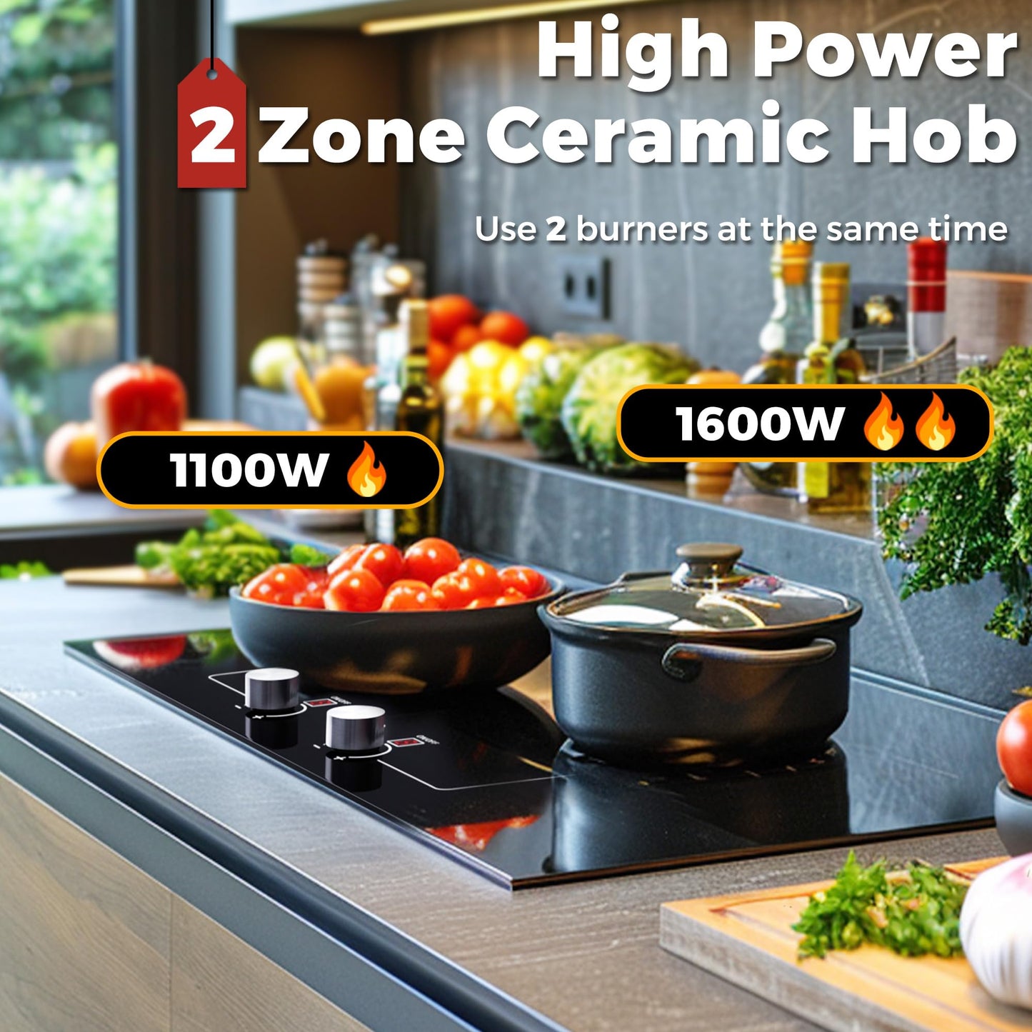 ADVWIN Electric Cooktop, 2 Burner Knob Control Plug in Built-in Ceramic Electric Stove Top with Child Safty Lock & Timer & Over-Temperature Protection & 10 Power Setting, 1800W, (3 burners (vertical))