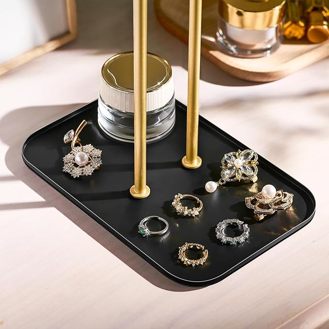 pickpiff Necklace Holder Jewelry Organizer Stand Ã¢ÂÂ 2Ã¢ÂÂTier TÃ¢ÂÂBar Jewelry Display Tree with Tray for Countertop Necklace Bracelet Earring Storage, Vanity Dresser Bathroom Sink, Black-Gold