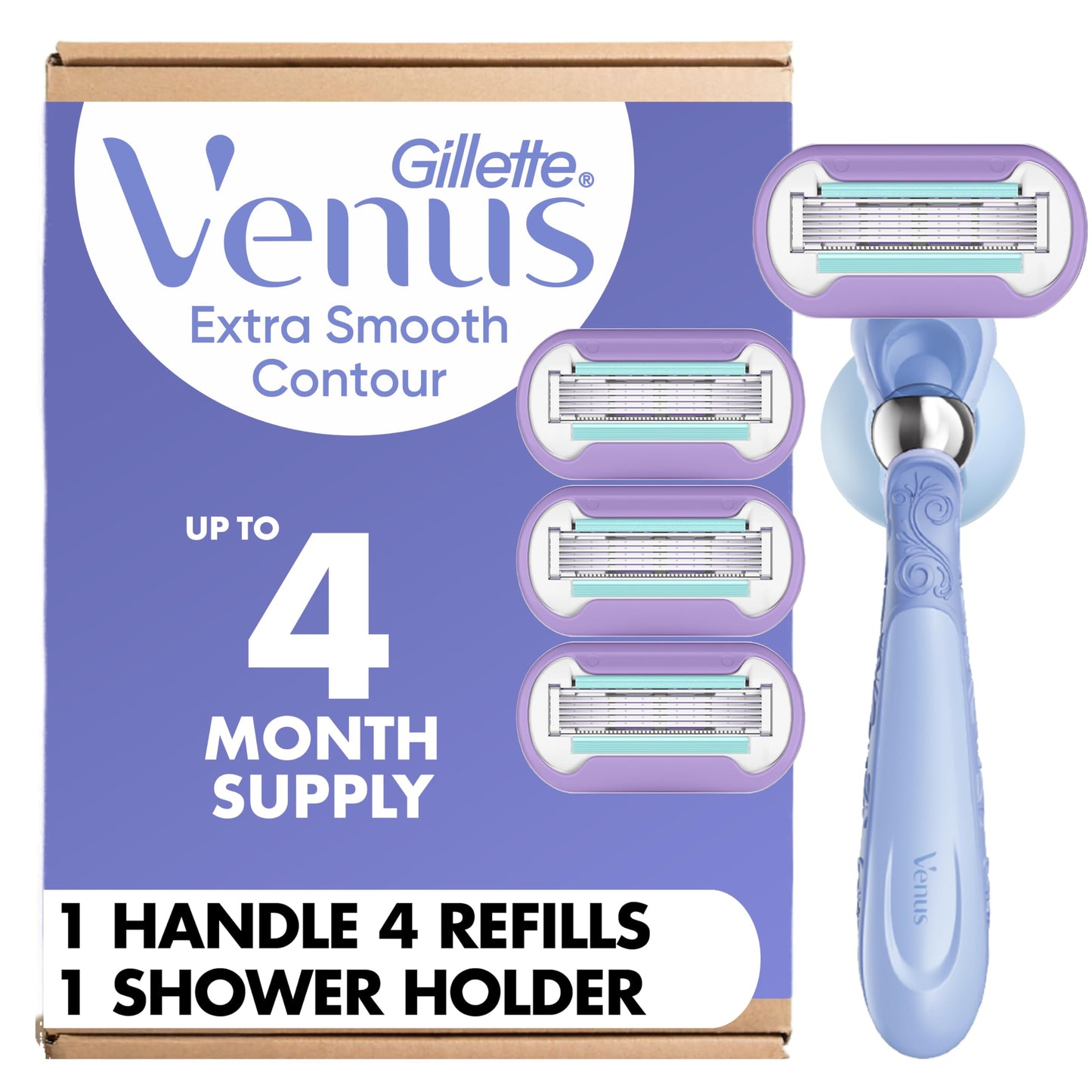Gillette Venus Extra Smooth Contour Razor for Women, Includes 1 Reusable Razor Handle + 4 Count 5-Bladed Razor Refills, Women's Razor with Flexiball Pivoting Handle and Shower Holder