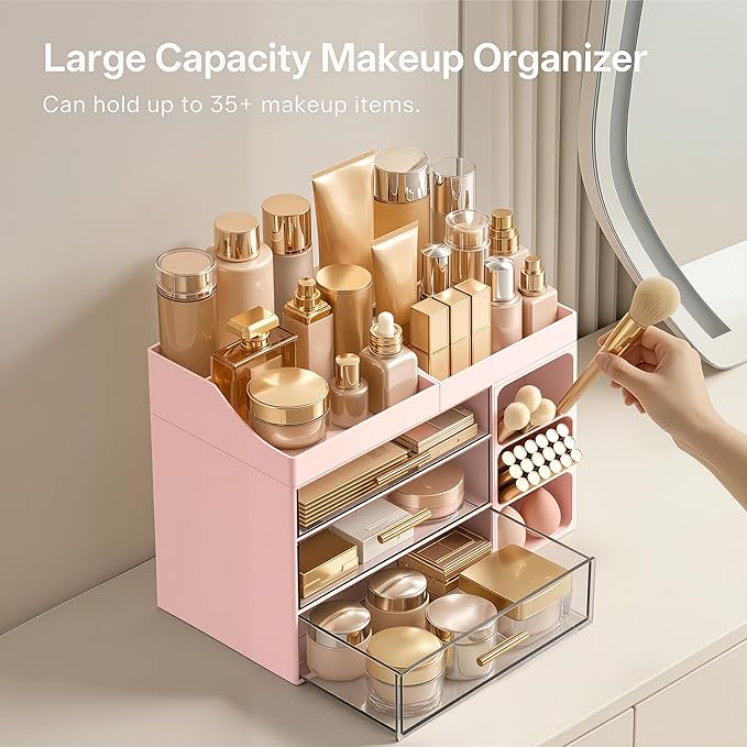 HBlife Makeup Organizer Countertop with Brush Holder,Large Bathroom Counter Organizer with Drawers,Skincare Organizers for Vanity,Plastic Dresser Organizer Storage Gift for Women Girl Mom,Pink