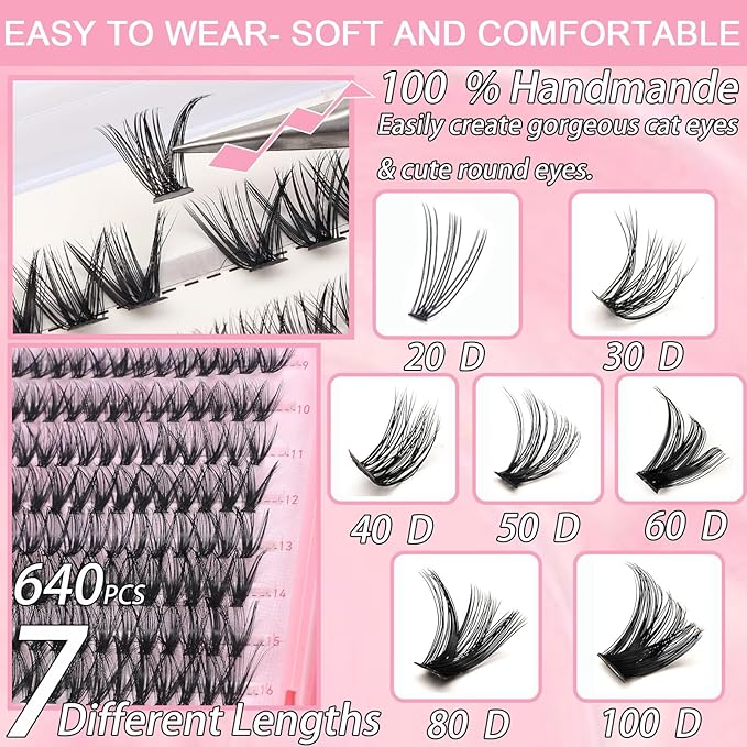 Lash Clusters Kit, 640 Pcs Eyelashes Clusters Extensions Kit 9-16mm Individual Lashes D Curl Fluffy Wispy False Eyelashes Thin Band, with Bond Seal Remover Tweezers Brush DIY (60D+80D Kit 9-16mm)