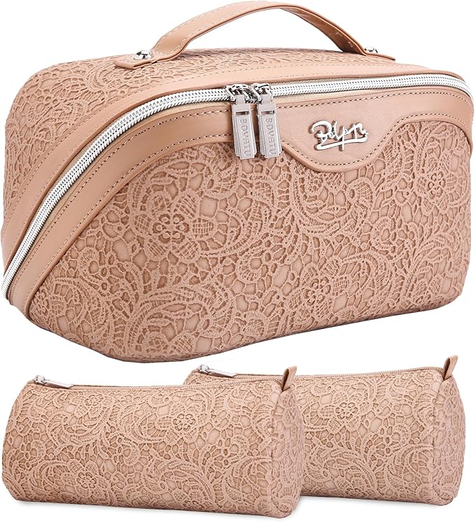 BOYATU Travel Makeup Bags Cosmetic Organizer Bag: 3-Set Large Capacity Make up Bag - PU Leather Toiletry Bags for Women - Wide Open Portable Pouch with Divider & Handle (A-Tan)