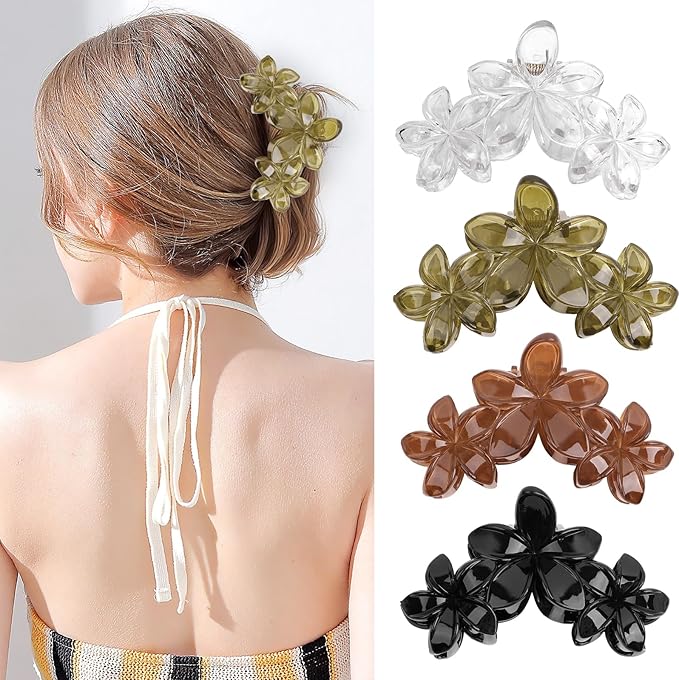 ANBALA 4Pcs Flower Hair Clips for Women Girls Neutral Color Hawaiian Flower Claw Clips for Thick Hair Non Slip Strong Hold Beach Accessories