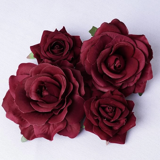 Rose Hair Clip Flower Hairpin Rose Brooch Floral Clips, 4 Pcs Fabric Flowers Hair Clips Mexican Hair Flowers Pin up Headpieces for Woman Girl Wedding Party Mother's Day (Dark Red)