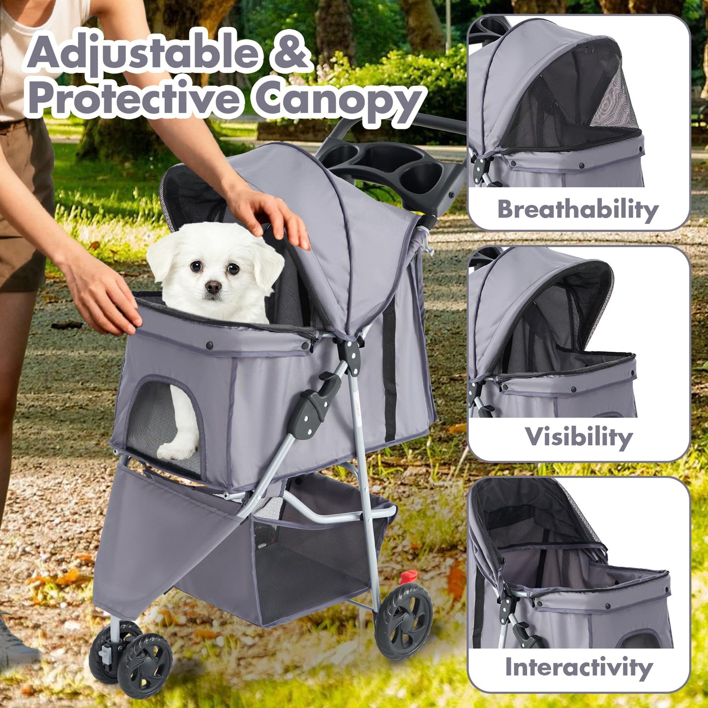 KMFurnila 3 Wheel Pet Stroller for Dogs and Cats, Foldable, Lightweight and Durable, Ideal for Small to Medium Pets, Includes Storage Basket and Cup Holders