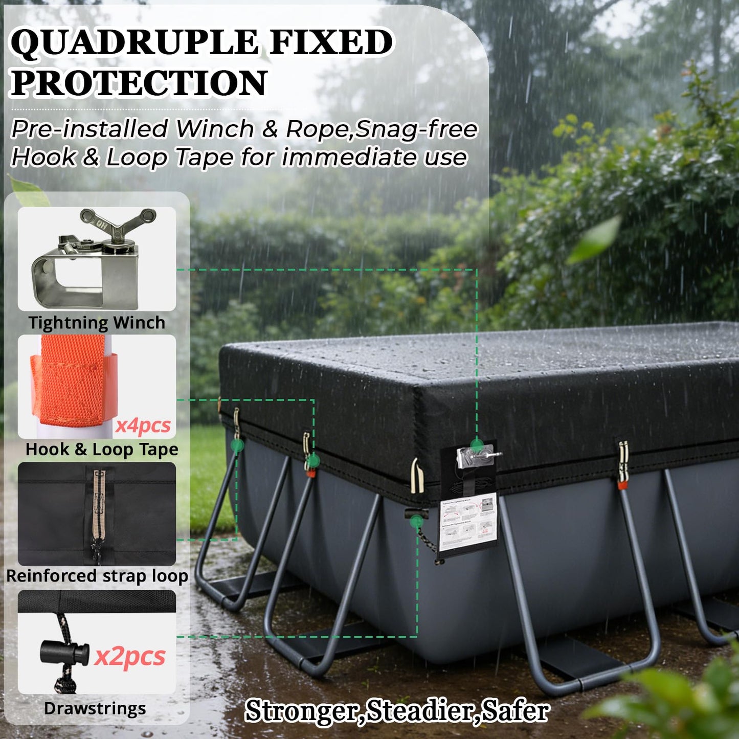 QH.HOME 550D 8x16 Ft Rectangular Pool Cover [Upgraded Tear Resistant & Quadruple Windpoof]wth Pre-Installed Winch and Rope,Pool Covers for Above Ground Pools Rectangle-Snug Fit & Waterproof Protection