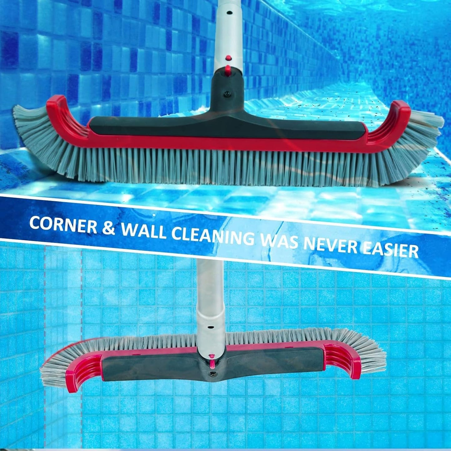 Swimming Pool Brush with Pole - 17.5" Wall Brush with 10FT Adjustable Aluminum Pole, Nylon Bristles, Curved Ends, EZ Clip Handle, Pool Brush for Cleaning Walls, Tiles & Floors