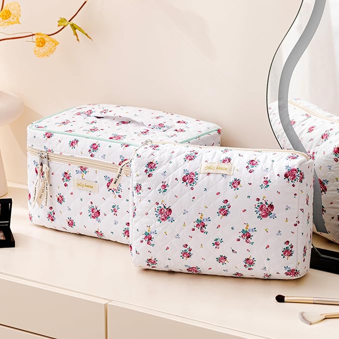 HBselect Quilted Makeup Bag, 3PCS Cotton Large Travel Makeup Bag, Cute Floral Coquette Make up Bag Cosmetic Bag Toiletry Bag for Women Girls