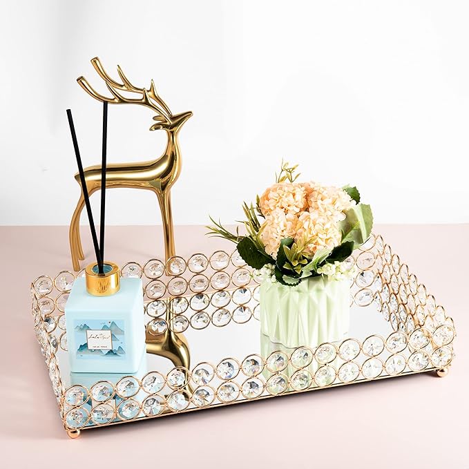 Feyarl Crystal Perfume Fragrance Tray Cosmetic Makeup Vanity Tray Jewelry Trinket Ring Earring Display Organizer Decorative Skin Care Storage for Home Dresser Countertop(13.7 x 7.87 inch)